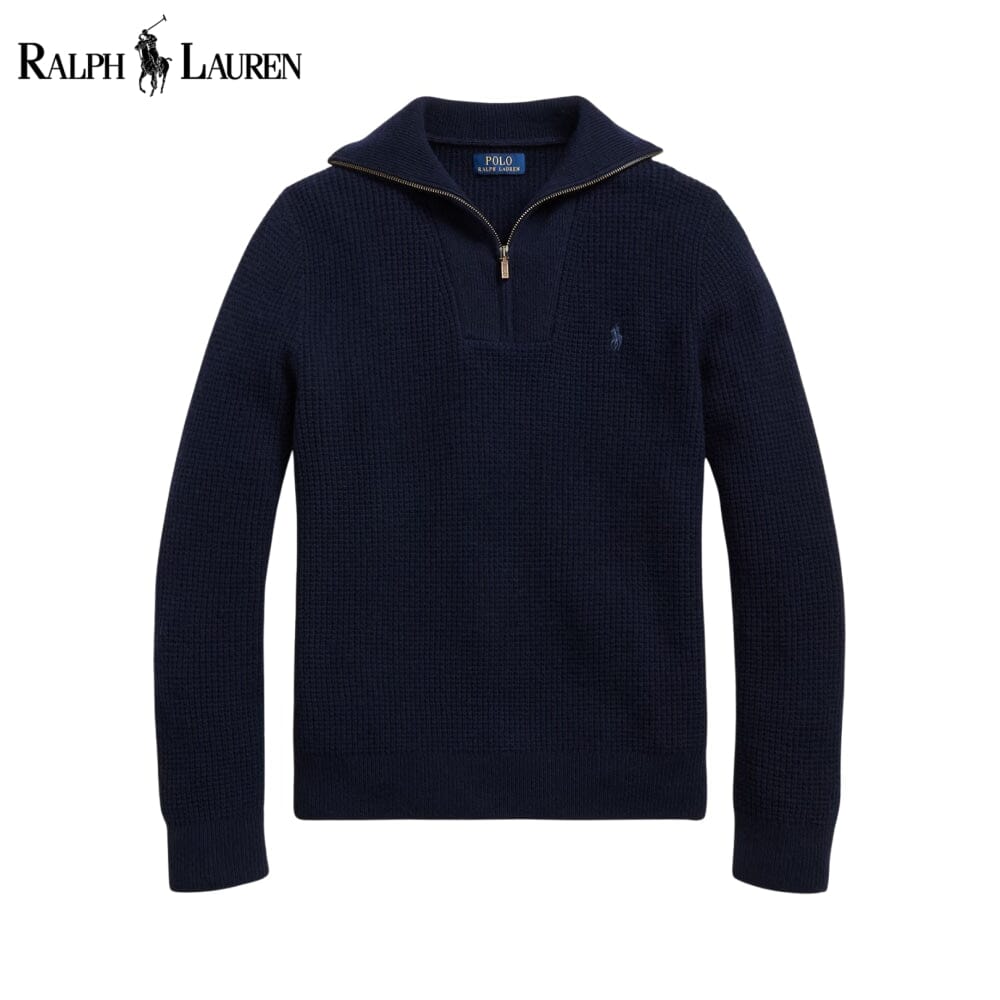 Maglione RL in misto lana e cotone lavorato a nido d'ape con cerniera a un quarto