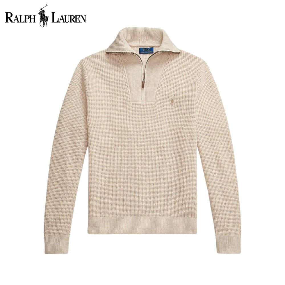 Maglione RL in misto lana e cotone lavorato a nido d'ape con cerniera a un quarto